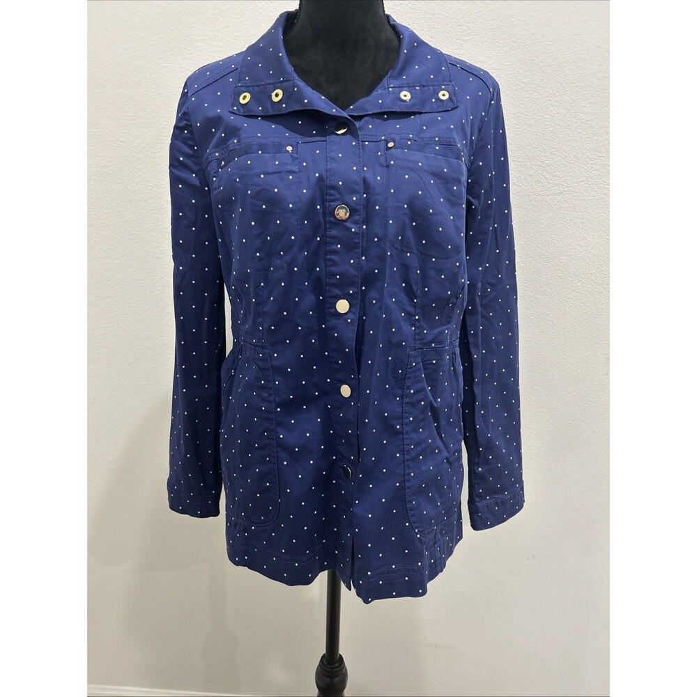 Chicos Sz 1 Womens Sz M Jacket Blue With White Polka Dot Snaps Up Front Pockets